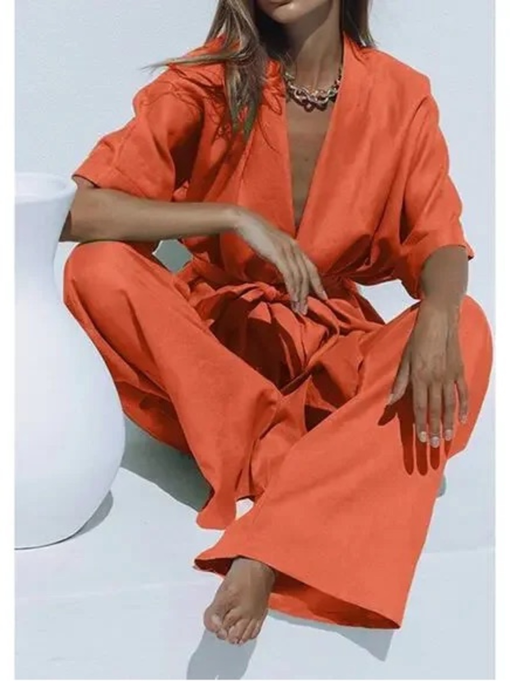 Commense Two Pants Set XS Cotton Linen orange Oversized Boho NEW resort summer - Picture 2 of 16